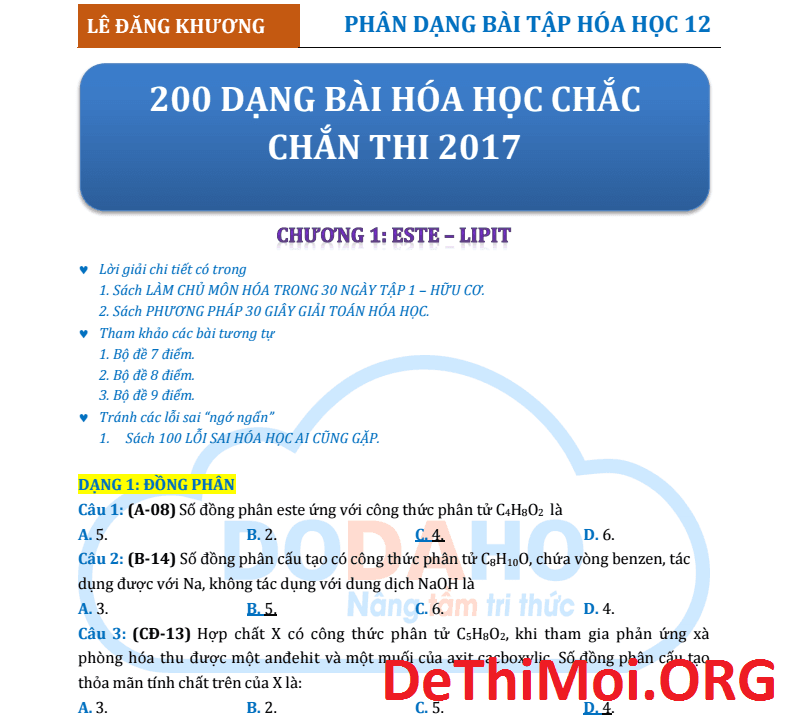 200 dạng bài tập hóa học chắc chắn thi 2017 - Lê Đăng Khương