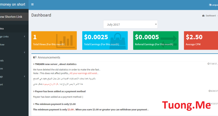 Tmearn - Trang web rút gọn link kiếm tiền có rate 2.5$ cao nhất VN