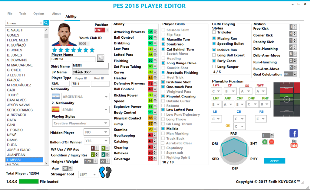 PES 2018 Player Editor 1.0 - Công cụ chỉnh sửa cầu thủ trong PES 2018