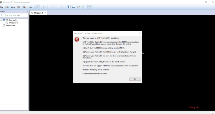 Sửa lỗi không chạy được máy ảo trên VMware, AMD-V, VT-x is disabled