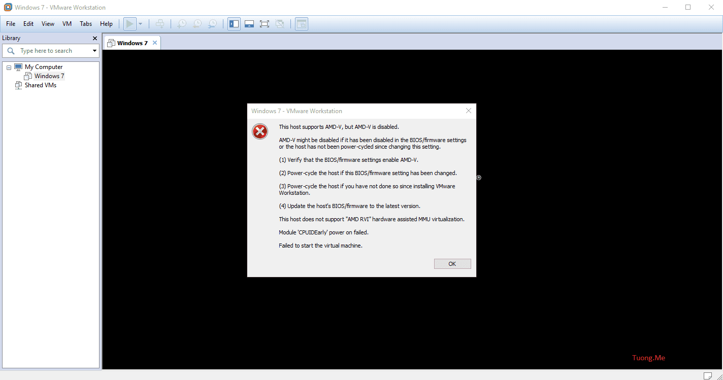 Sửa lỗi không chạy được máy ảo trên VMware, AMD-V, VT-x is disabled