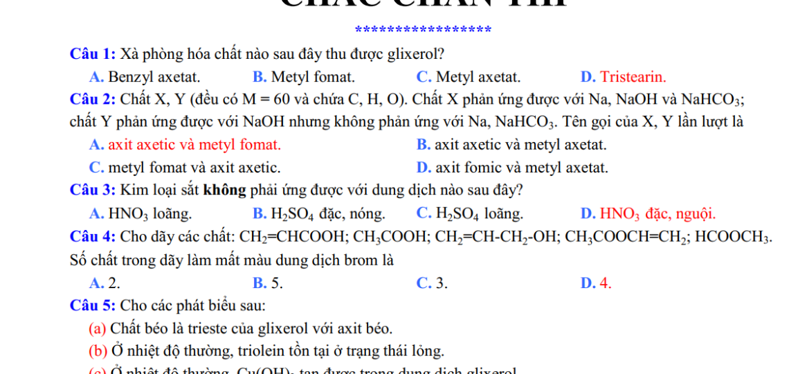 400 câu hỏi trắc nghiệm lý thuyết môn Hóa Học chắc chắn thi