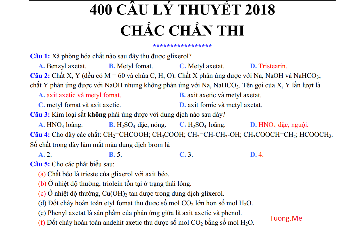 400 câu hỏi trắc nghiệm lý thuyết môn Hóa Học chắc chắn thi