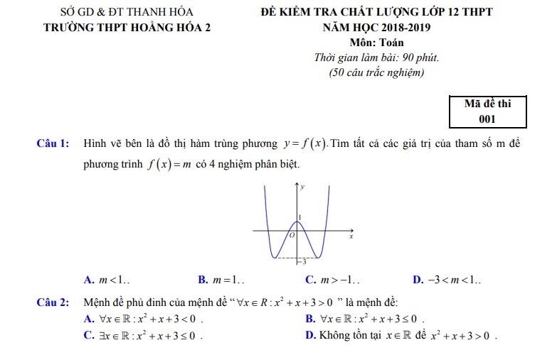 Đề thi thử THPT Quốc Gia 2019 môn Toán trường Hoằng Hóa 2 – Thanh Hóa