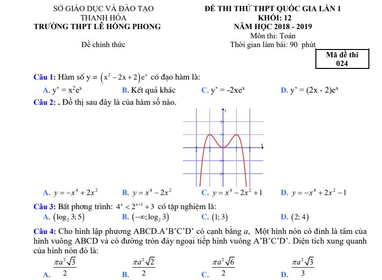 Đề thi thử THPT Quốc Gia 2019 môn Toán trường Lê Hồng Phong lần 1