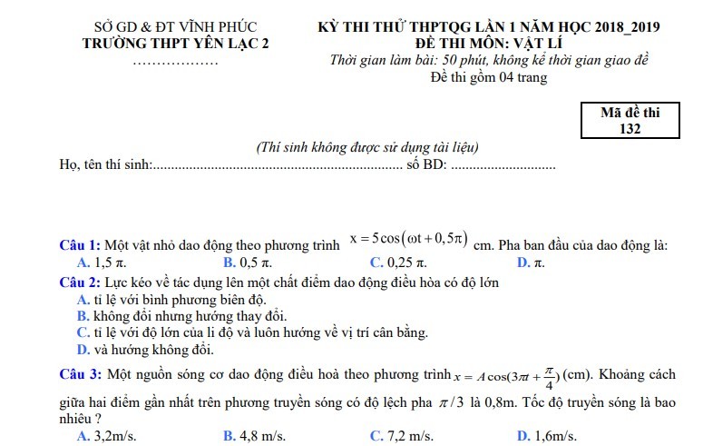 Đề thi thử THPT Quốc Gia 2019 môn lý của trường THPT Yên Lạc 2 – Vĩnh Phúc lần 1