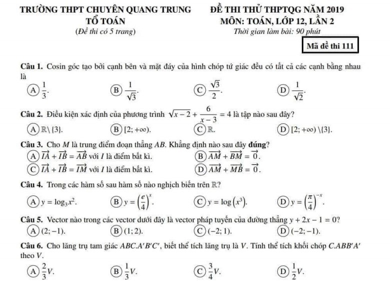 Đề thi thử môn toán 2019 trường THPT chuyên Quang Trung - BP lần 2