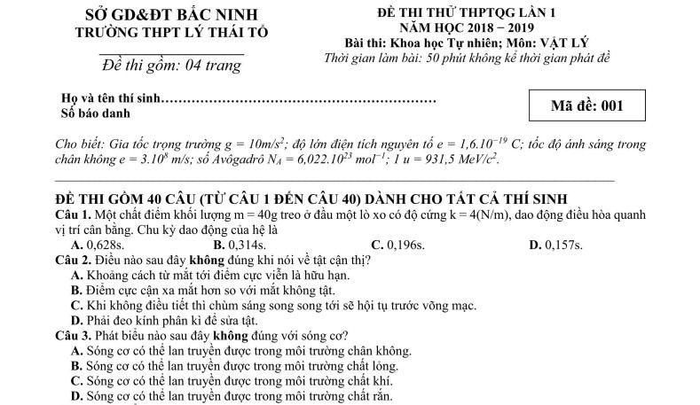 Giải chi tiết đề thi thử lý 2019 của trường THPT Lý Thái Tổ - Bắc Ninh lần 1