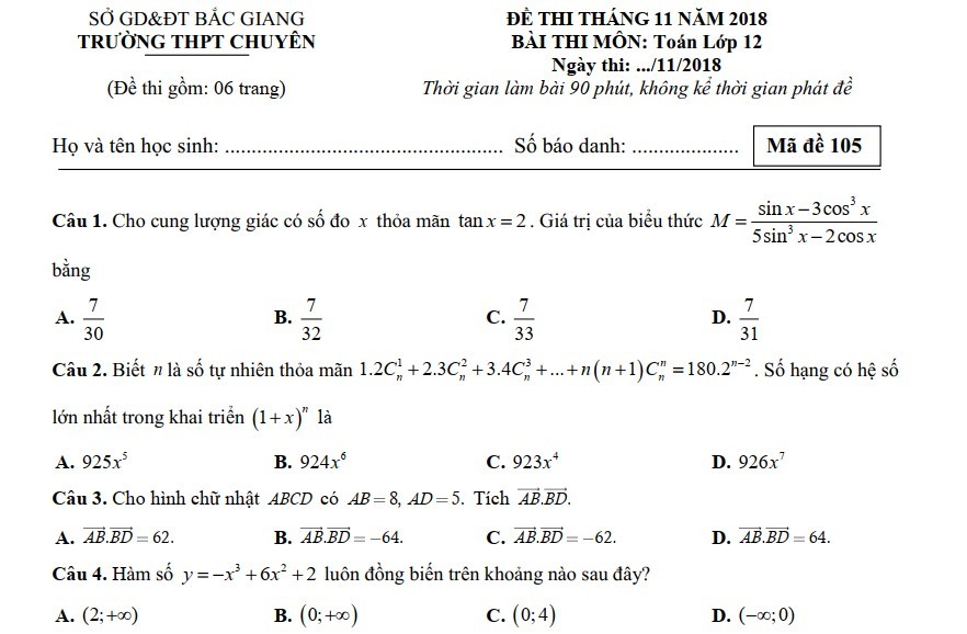 Đề thi thử thpt quốc gia 2019 môn toán THPT Chuyên Bắc Giang tháng 11