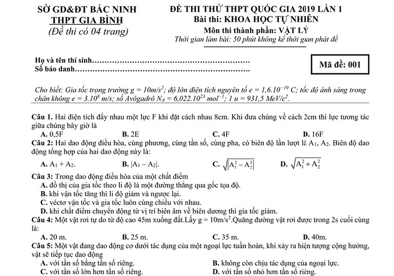 Đề thi thử THPT Quốc Gia 2019 môn lý Gia Bình - Bắc Ninh lần 1 + đáp án