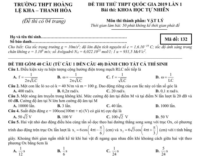 Đề thi thử THPT Quốc Gia 2019 môn lý trường THPT Hoàng Lệ Kha lần 1