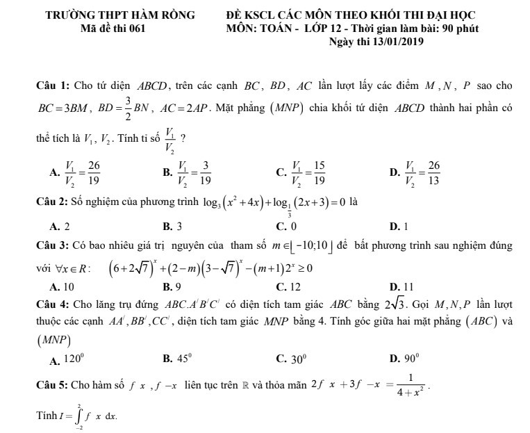 Đề thi thử THPT Quốc gia 2019 môn Toán trường THPT Hàm Rồng lần 1