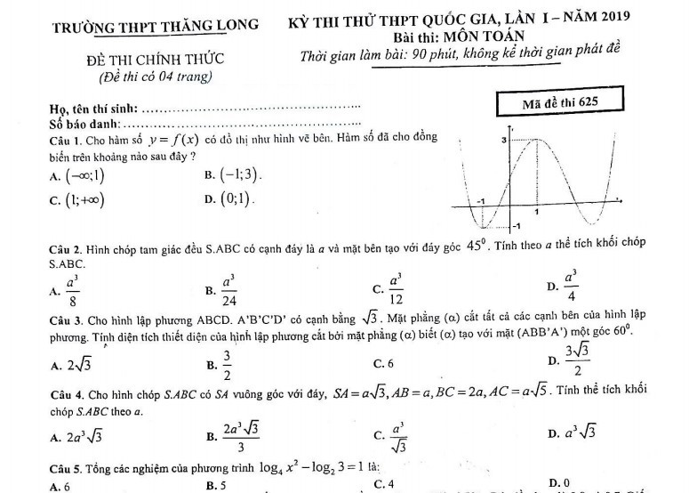 Đề thi thử THPT Quốc gia 2019 môn Toán trường THPT Thăng Long lần 1