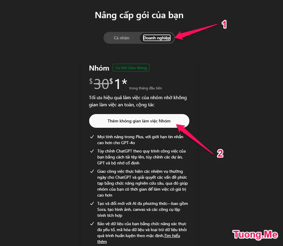 Cách đăng ký tài khoản ChatGPT doanh nghiệp 1 tháng với giá 1$